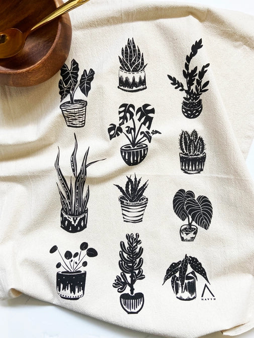 House Plants Organic Tea Towel Black - 20x24