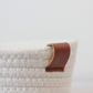 White Woven Cotton Rope Round Basket with Leather Accent