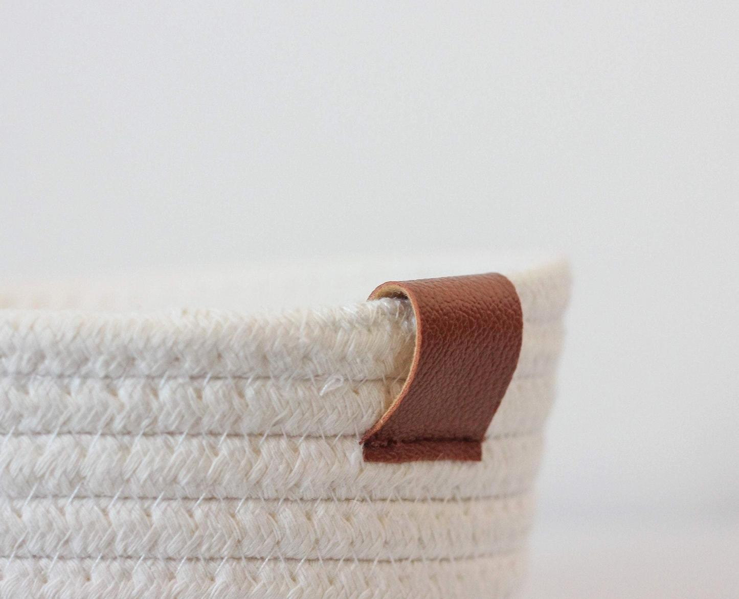 White Woven Cotton Rope Round Basket with Leather Accent