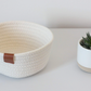 White Woven Cotton Rope Round Basket with Leather Accent