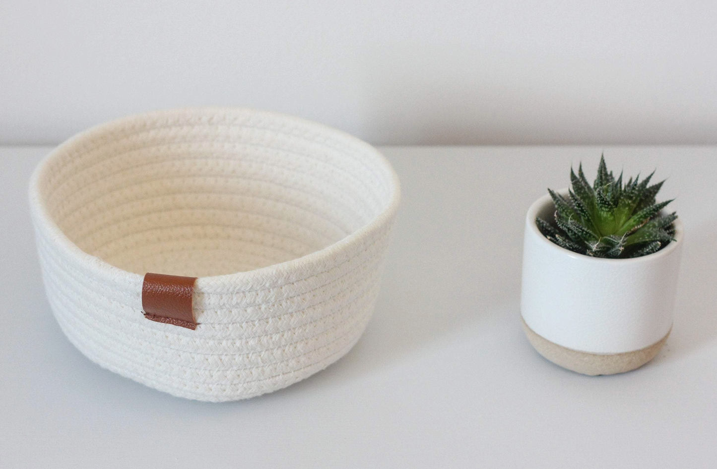 White Woven Cotton Rope Round Basket with Leather Accent